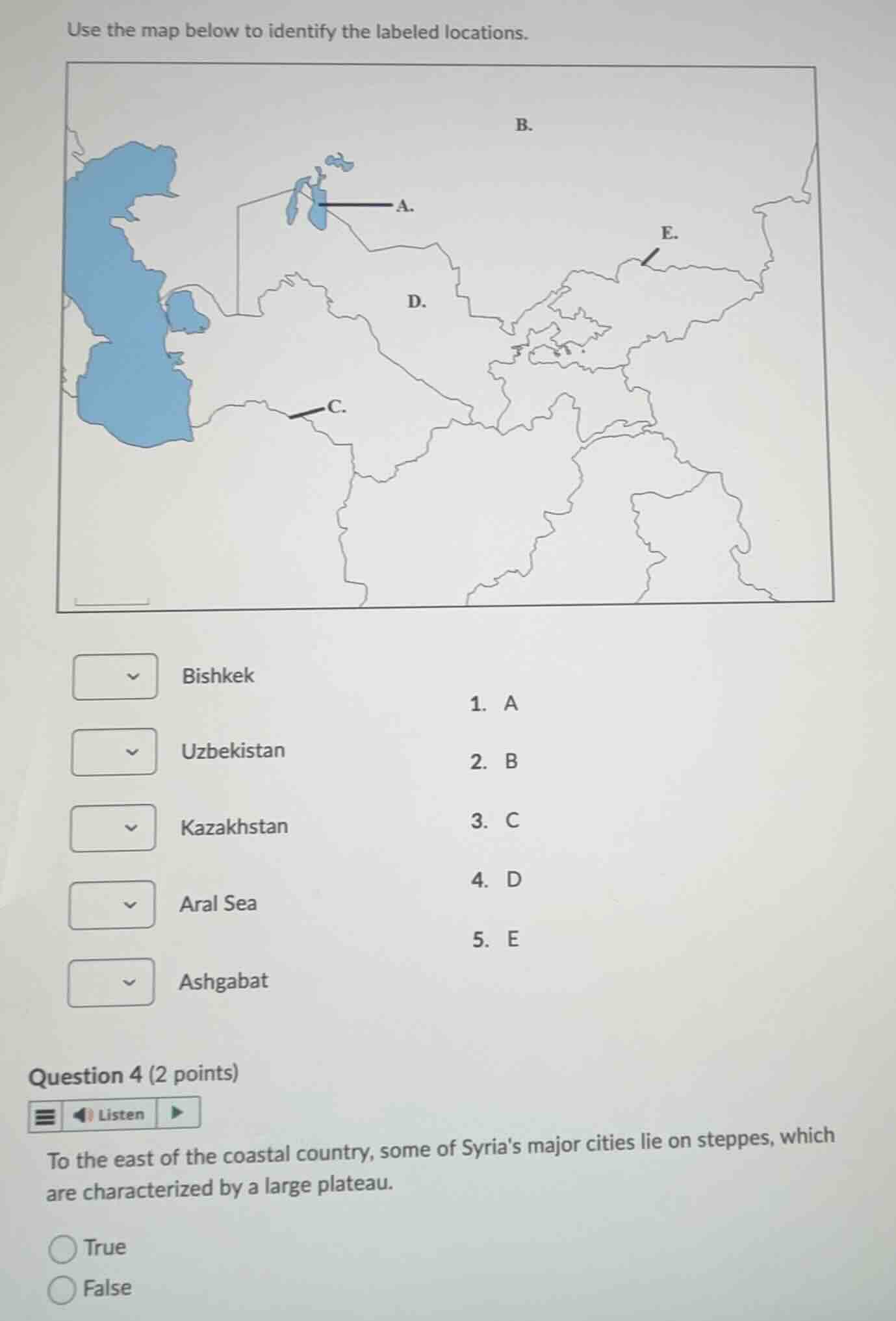 use the map below to identify the labeled locations. bishkek uzbekistan…