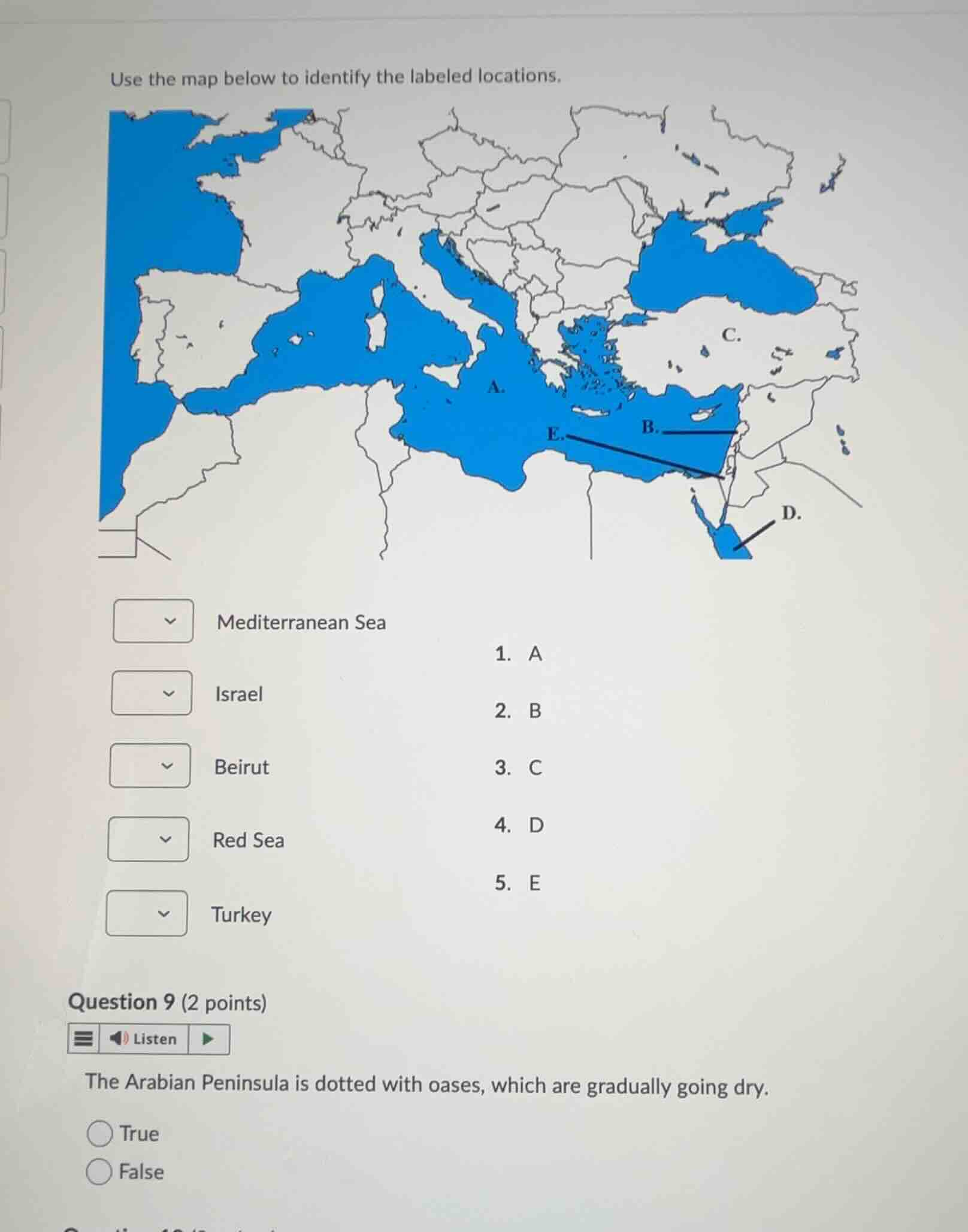 use the map below to identify the labeled locations. mediterranean sea …