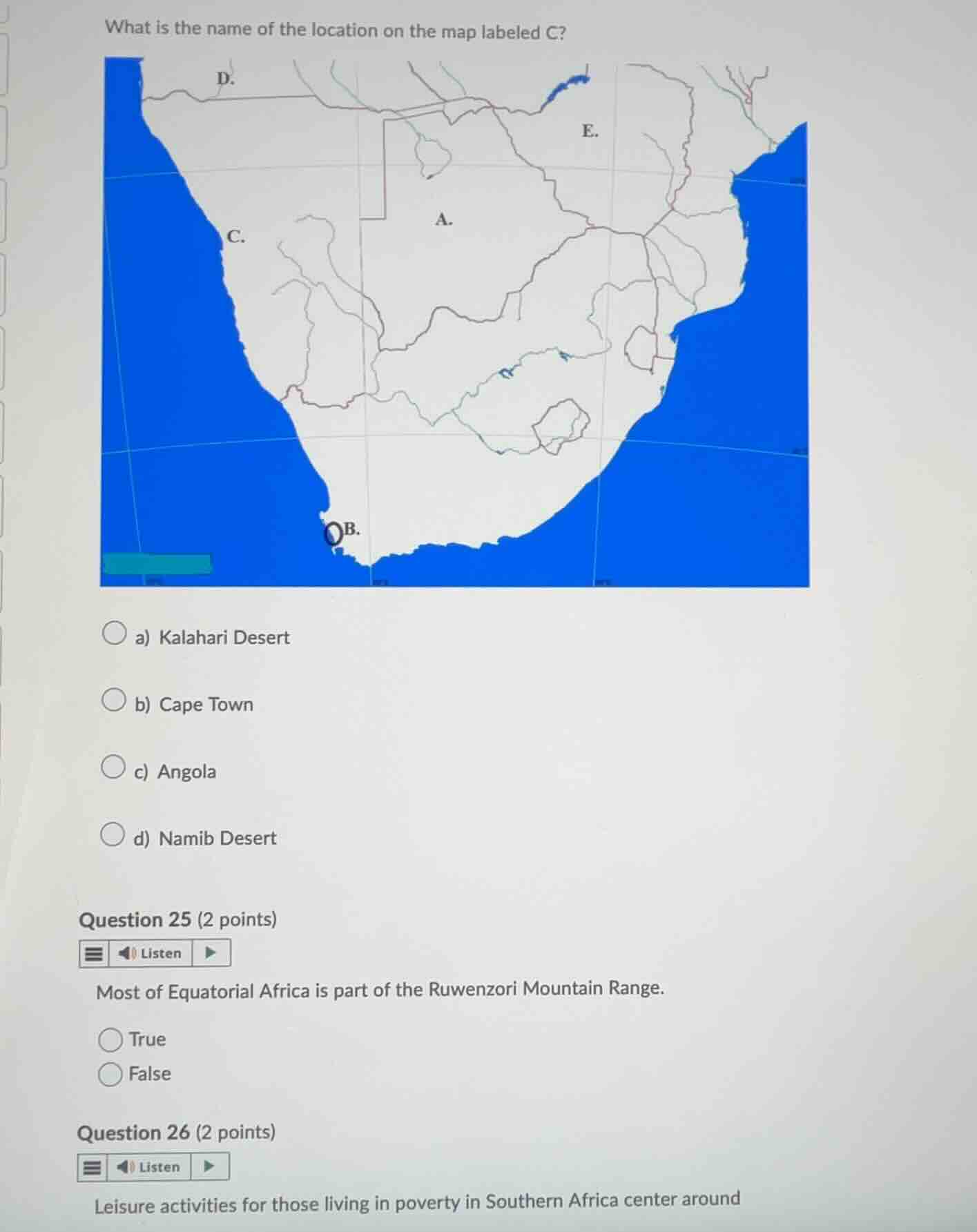 what is the name of the location on the map labeled c? a) kalahari dese…
