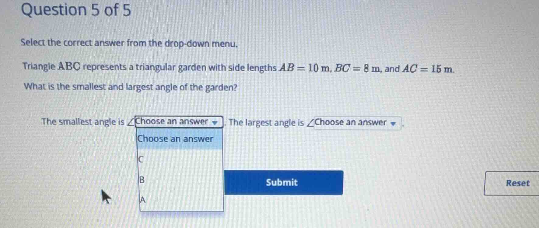 select the correct answer from the drop-down menu. triangle \\(abc\\) r…