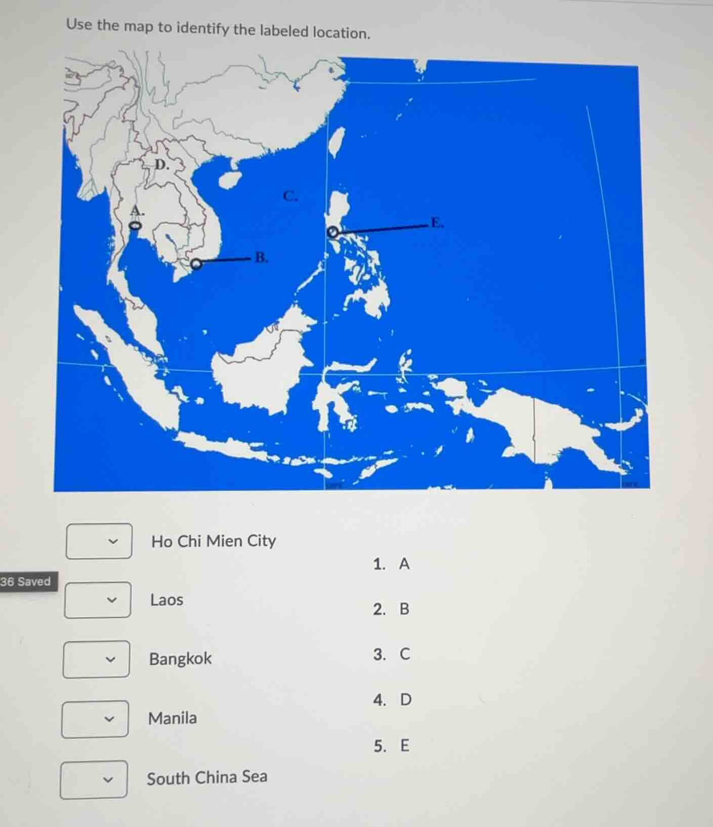 use the map to identify the labeled location. ho chi minh city laos ban…