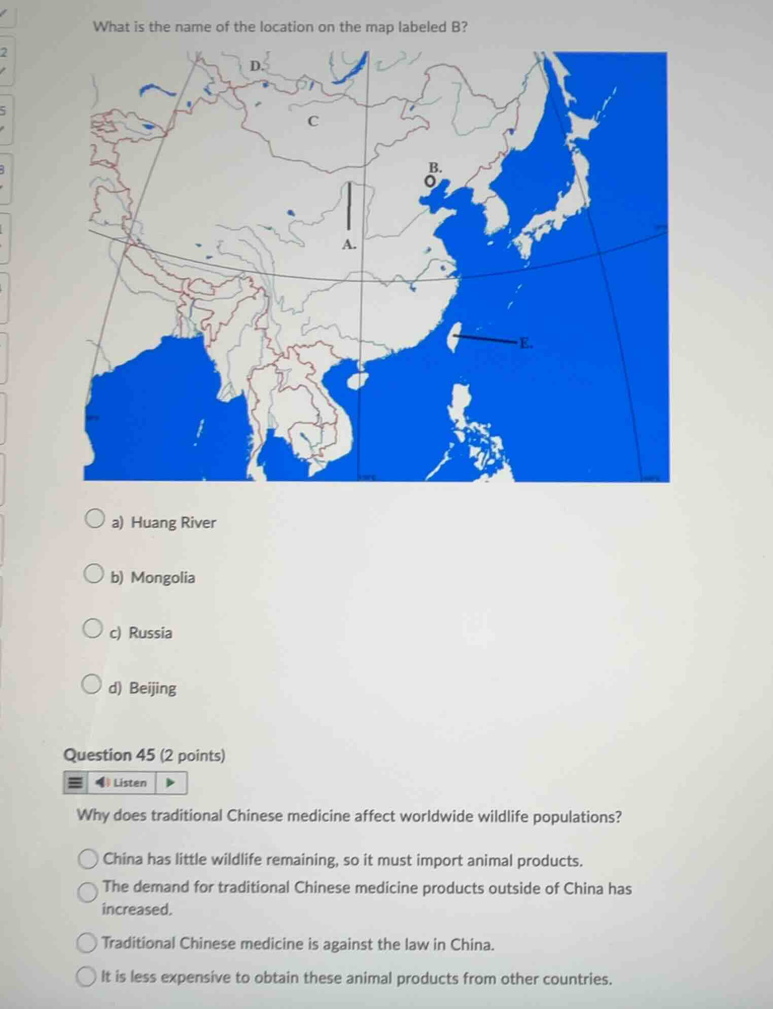 what is the name of the location on the map labeled b? a) huang river b…
