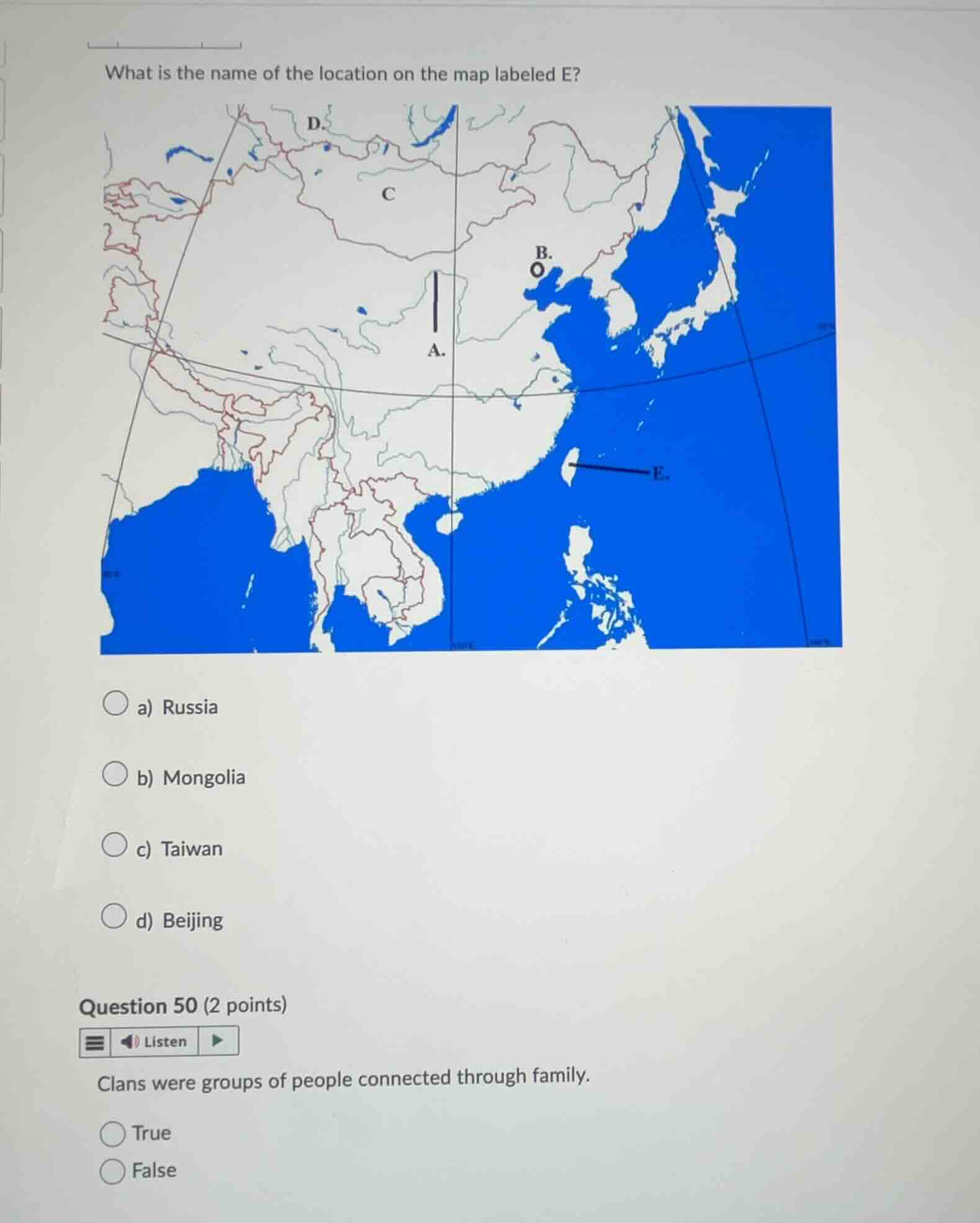 what is the name of the location on the map labeled e? a) russia b) mon…
