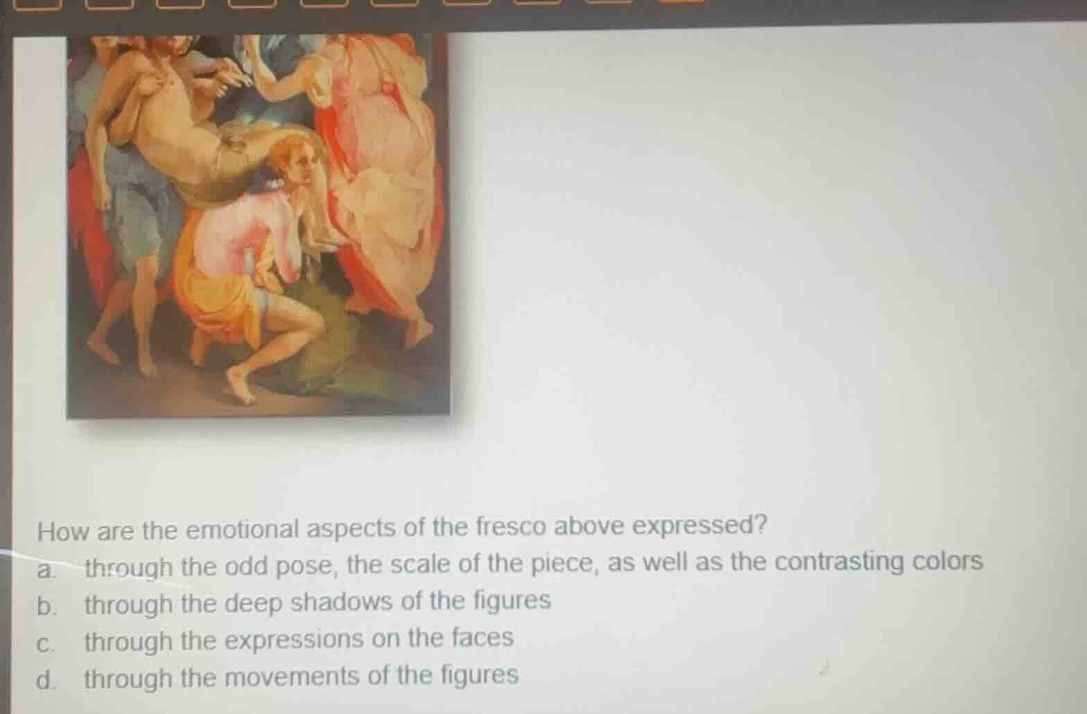 how are the emotional aspects of the fresco above expressed? a. through…