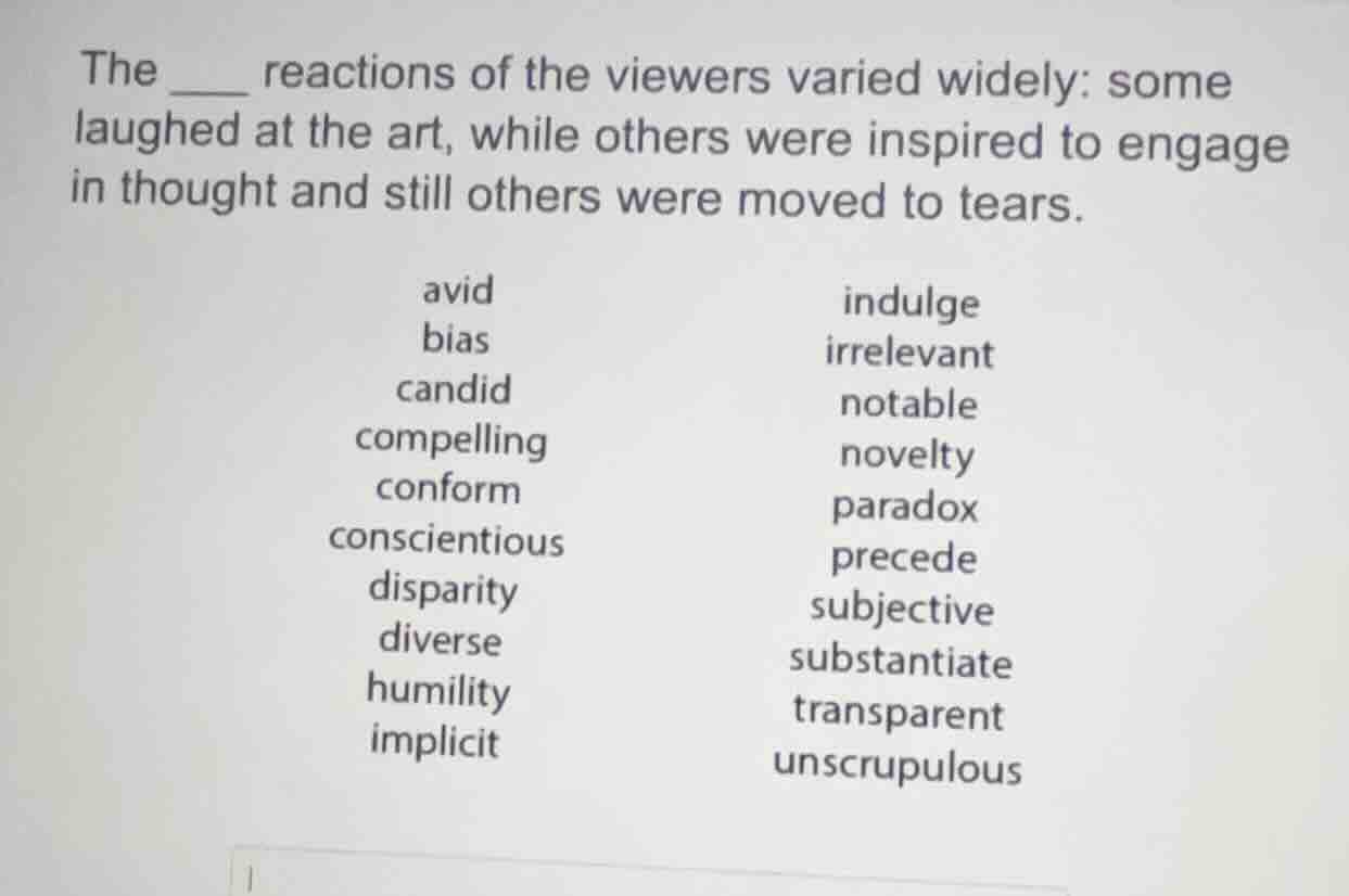 the ___ reactions of the viewers varied widely: some laughed at the art…