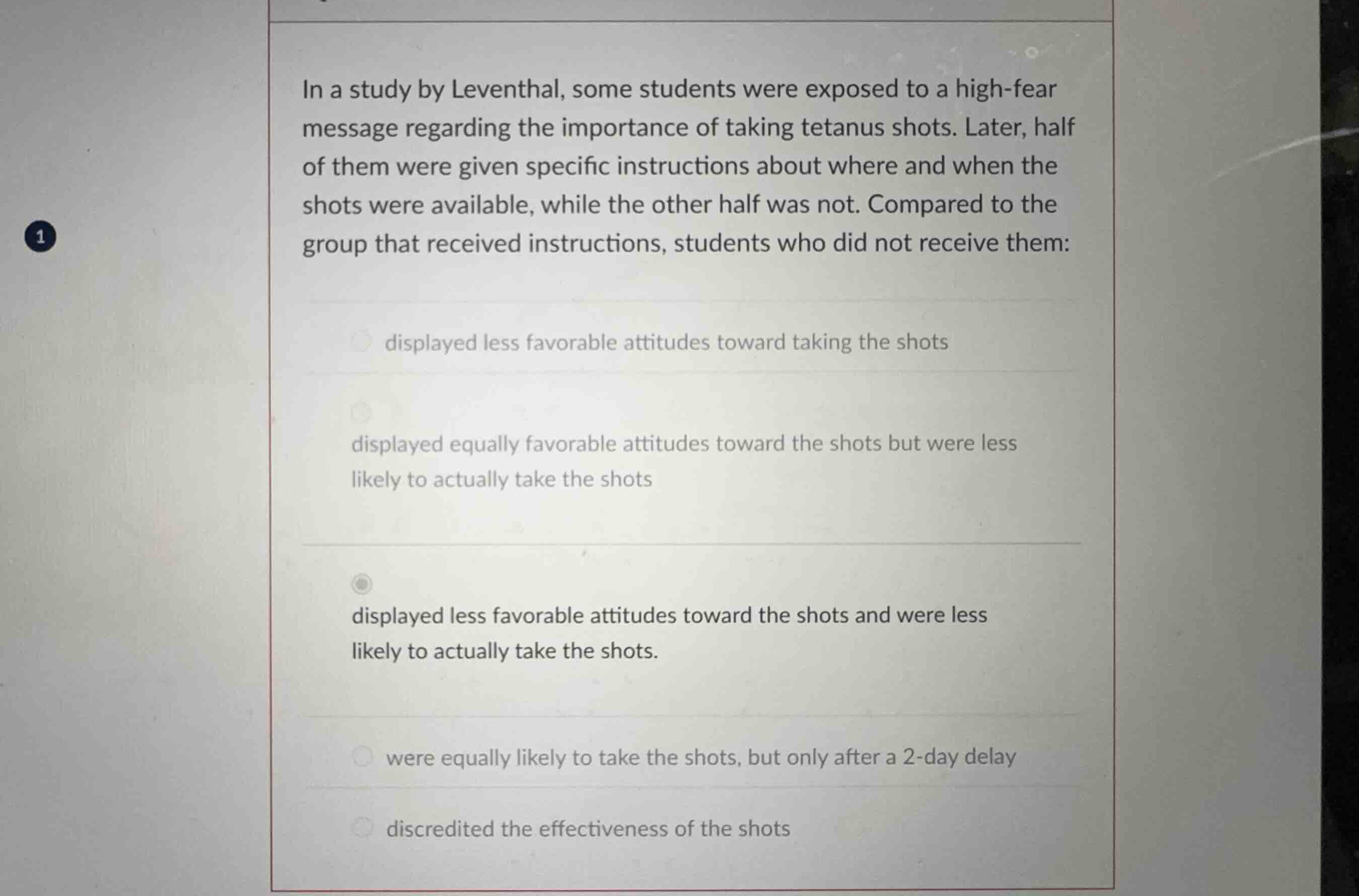in a study by leventhal, some students were exposed to a high-fear mess…