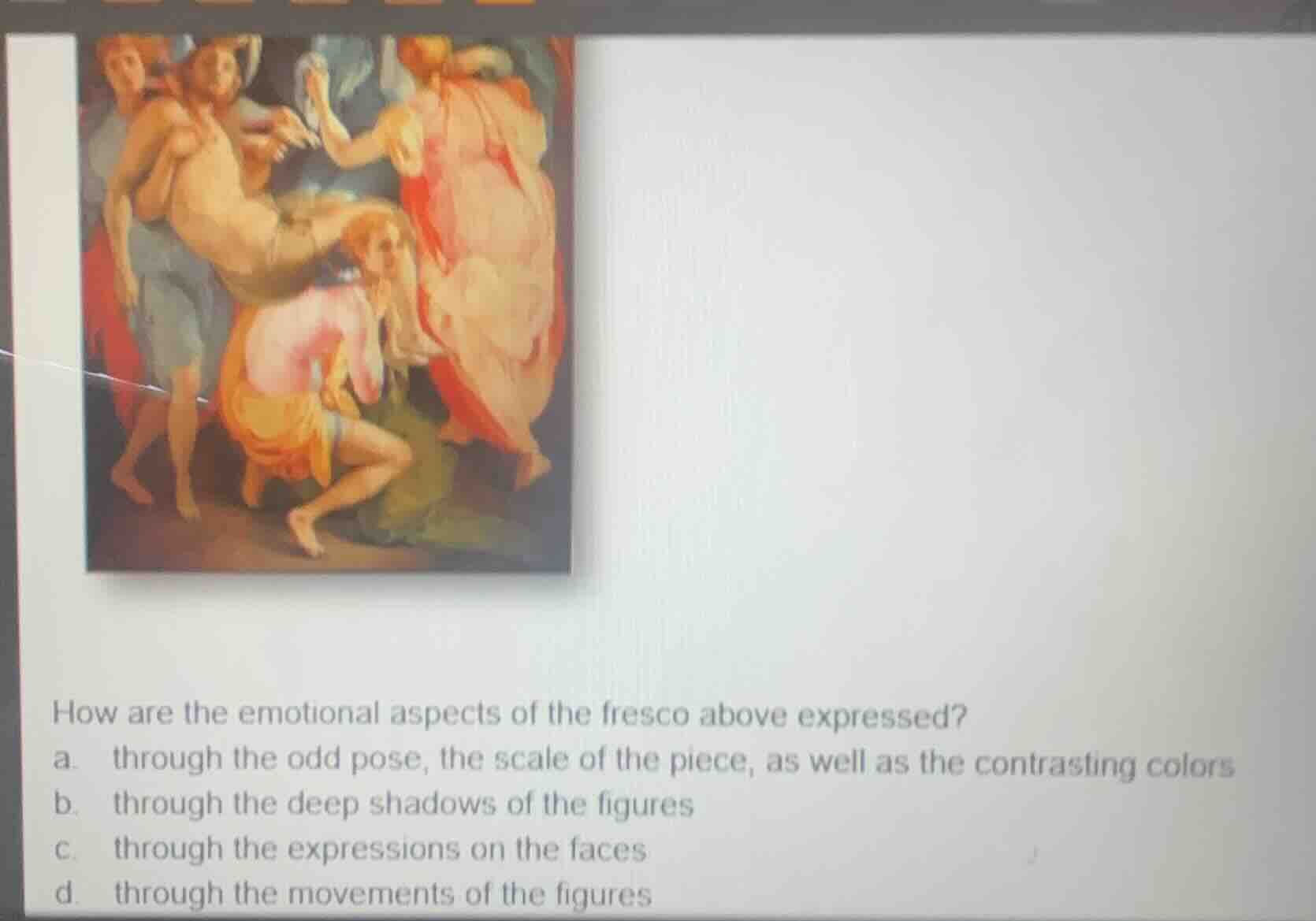 how are the emotional aspects of the fresco above expressed? a. through…