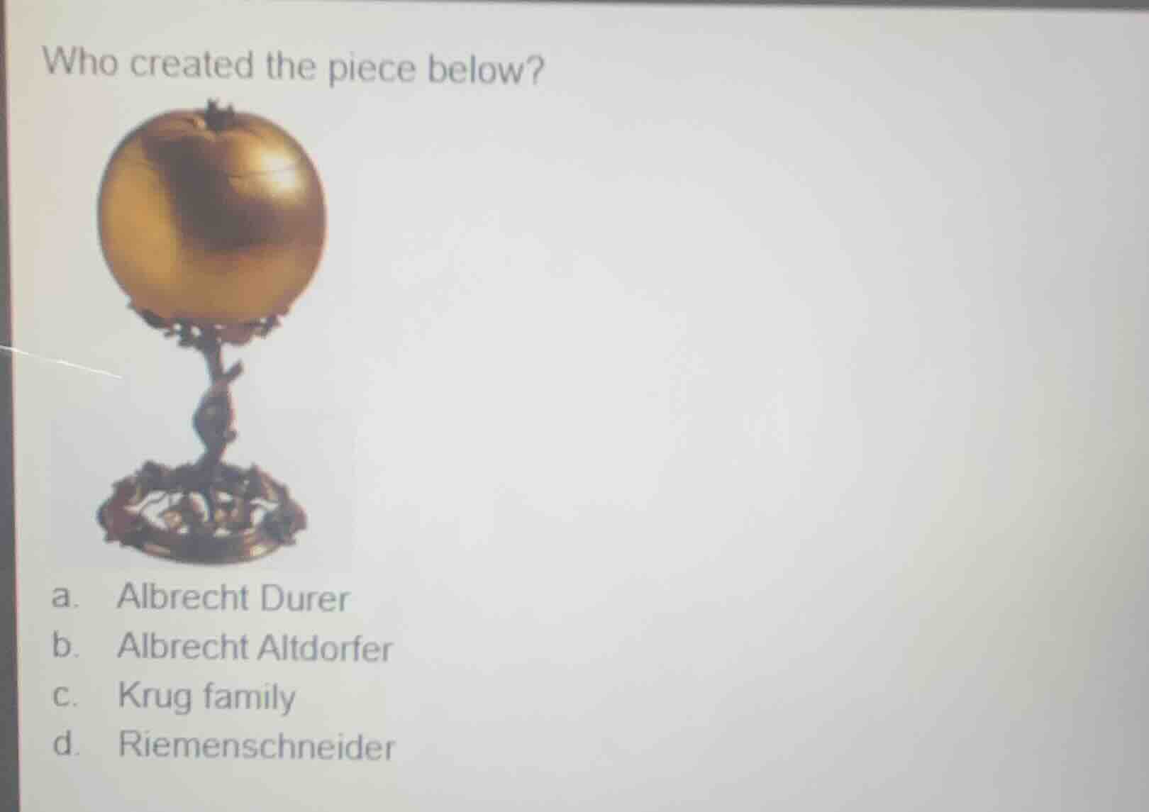 who created the piece below? a. albrecht durer b. albrecht altdorfer c.…