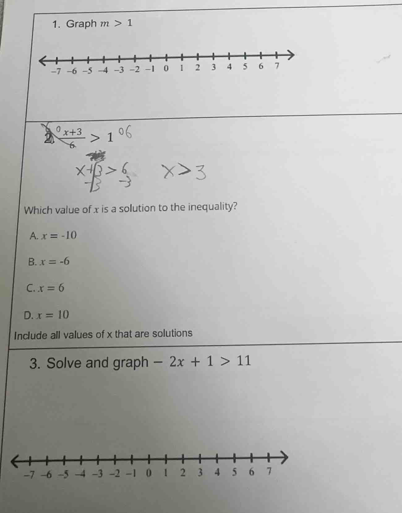 1. graph \\(m > 1\\) \\(\\frac{x+3}{6} > 1\\) which value of \\(x\\) is…