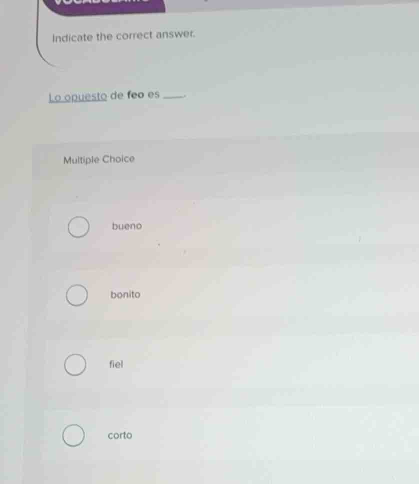 indicate the correct answer. lo opuesto de feo es ___ multiple choice b…