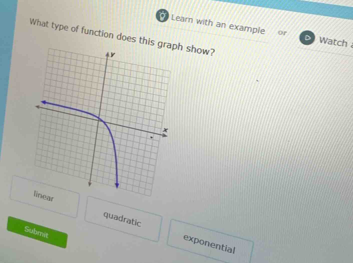 what type of function does this graph show? linear quadratic exponential