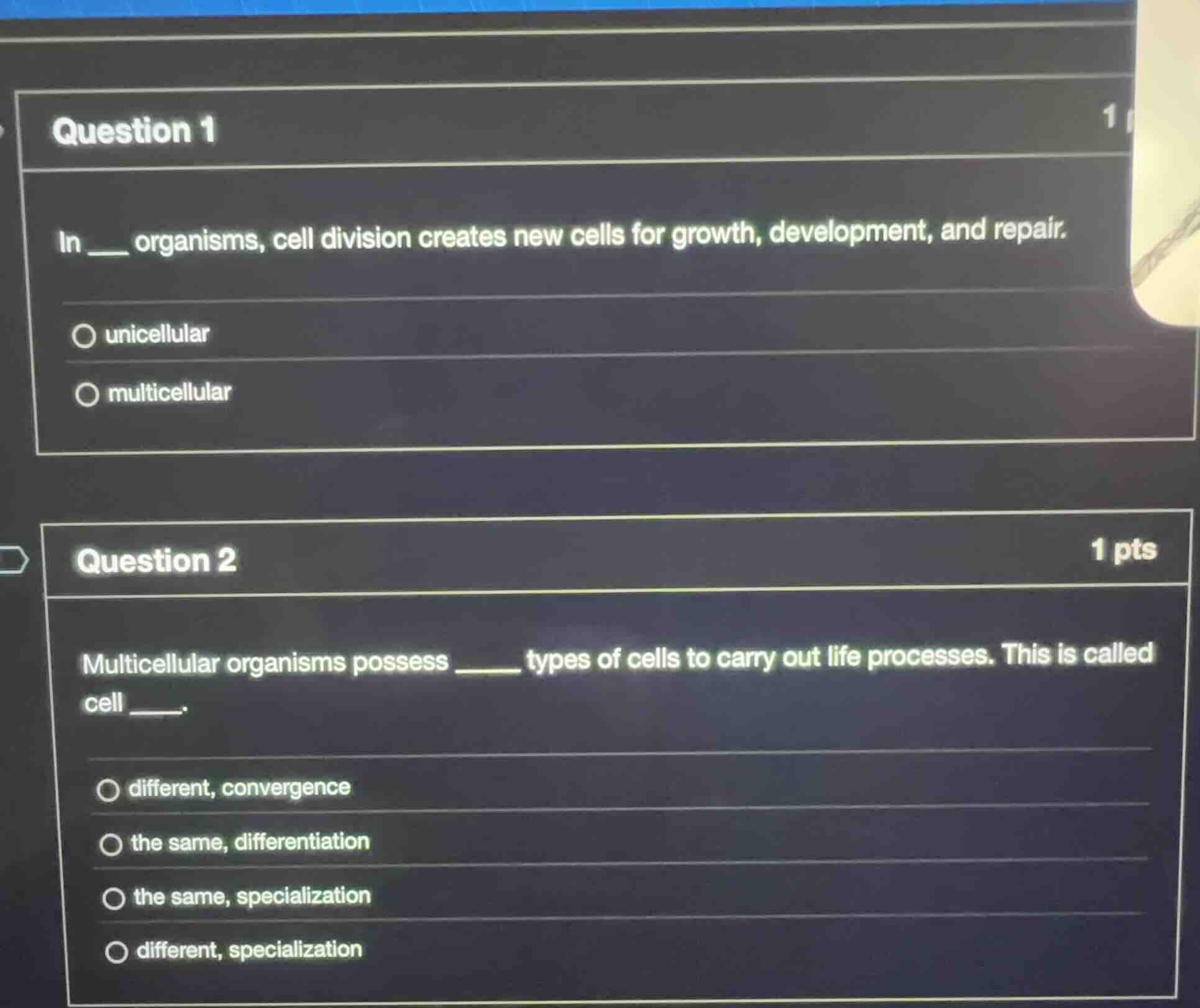 question 1 in ___ organisms, cell division creates new cells for growth…