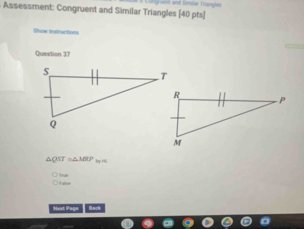 assessment: congruent and similar triangles 40 pts question 37 \\(\\del…