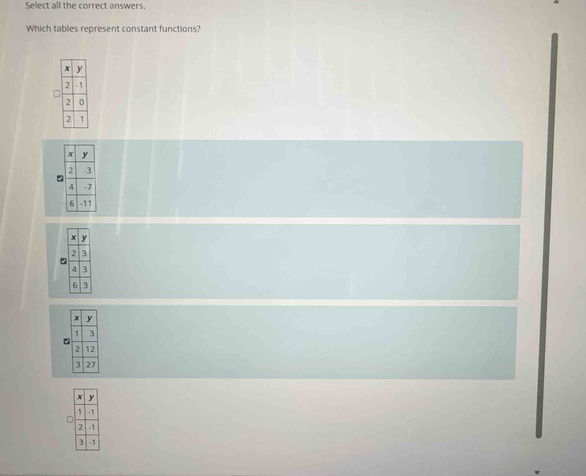 select all the correct answers. which tables represent constant functio…