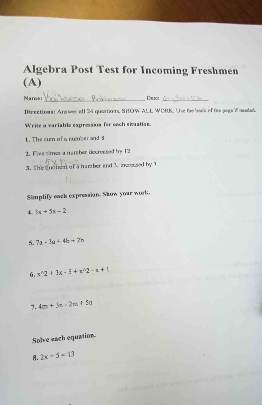 algebra post test for incoming freshmen (a) name: haileese robinson dat…