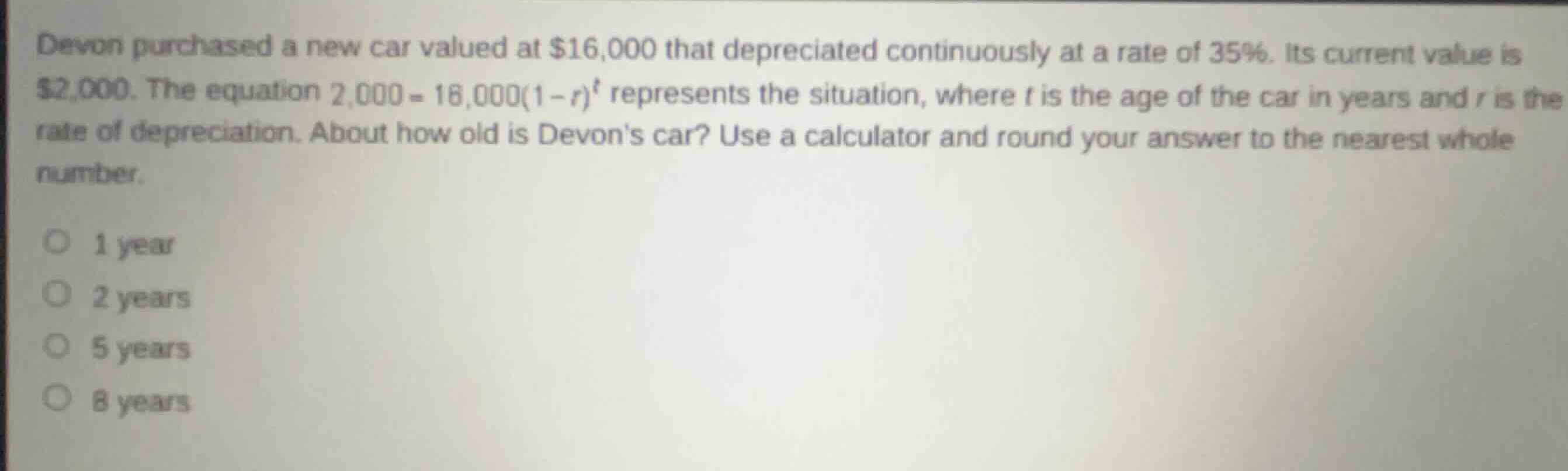 devon purchased a new car valued at \\$16,000 that depreciated continuo…