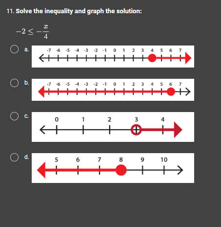 11. solve the inequality and graph the solution: \\-2 \\le -\\frac{x}{4…