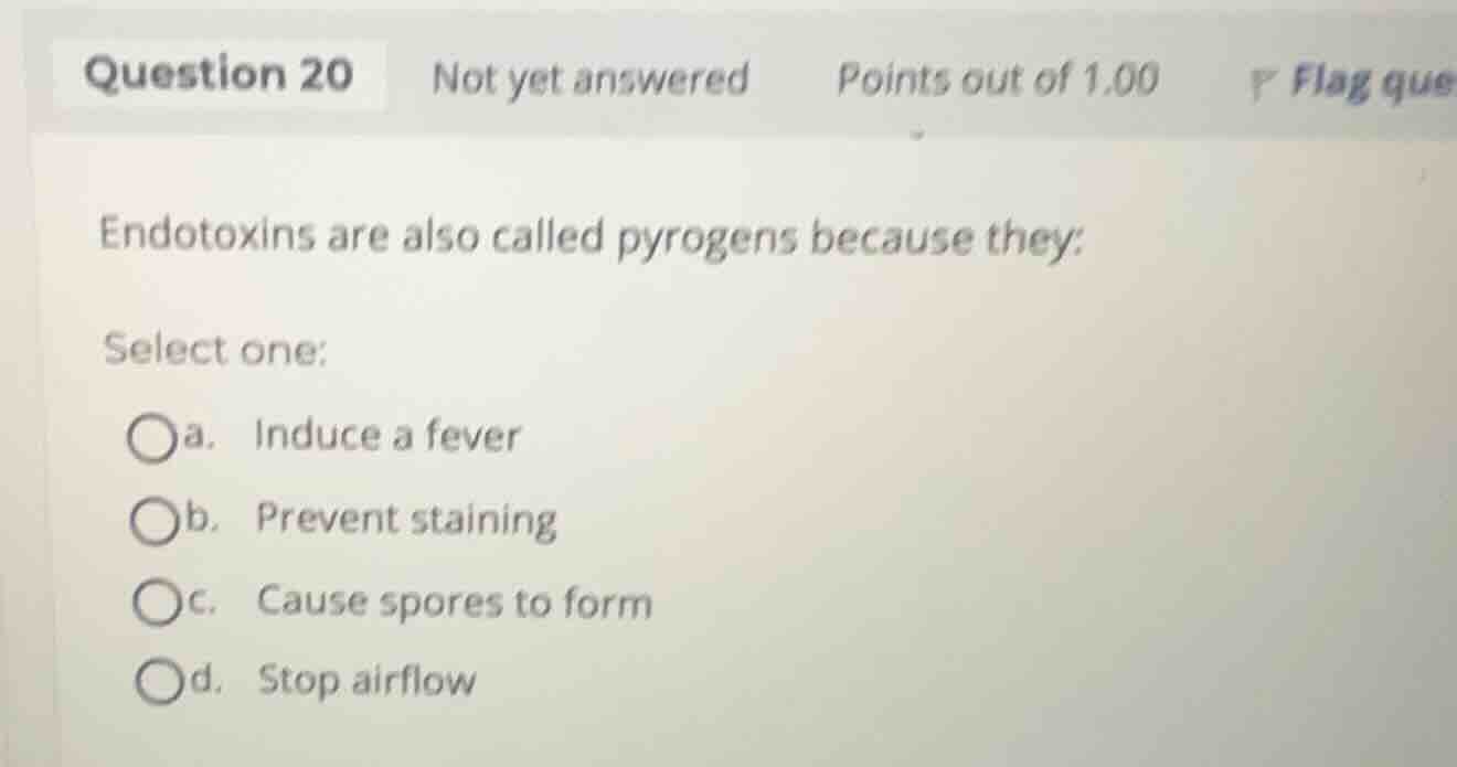endotoxins are also called pyrogens because they: select one: a. induce…