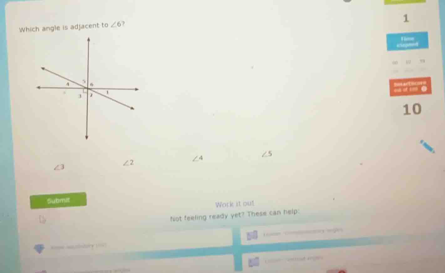 which angle is adjacent to \\(\\angle 6\\)? \\(\\angle 3\\) \\(\\angle …