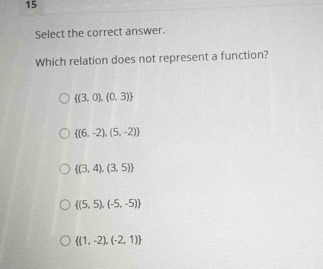 select the correct answer. which relation does not represent a function…