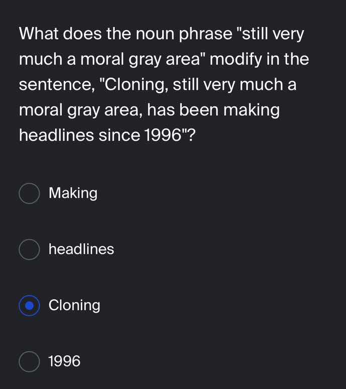 what does the noun phrase \still very much a moral gray area\ modify in…