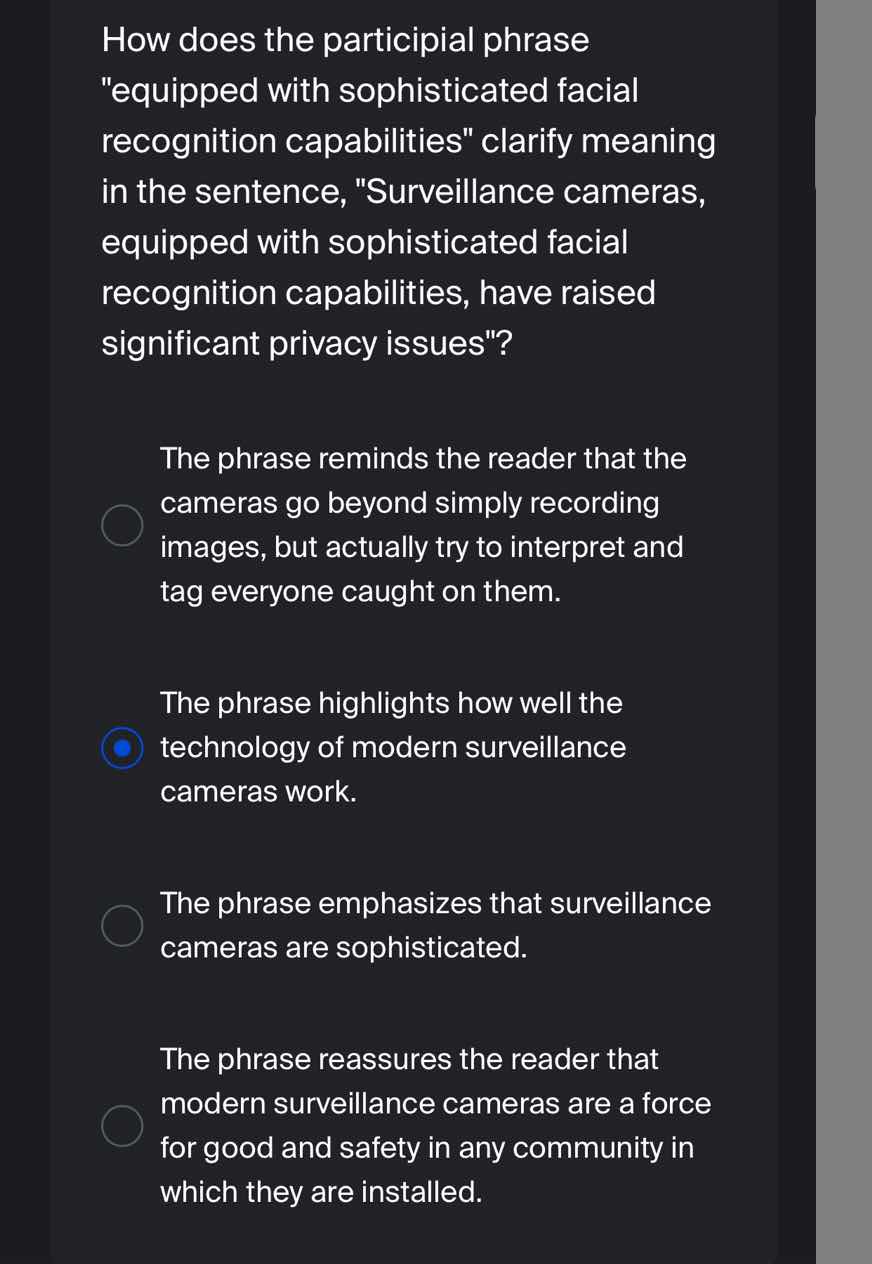 how does the participial phrase \equipped with sophisticated facial rec…