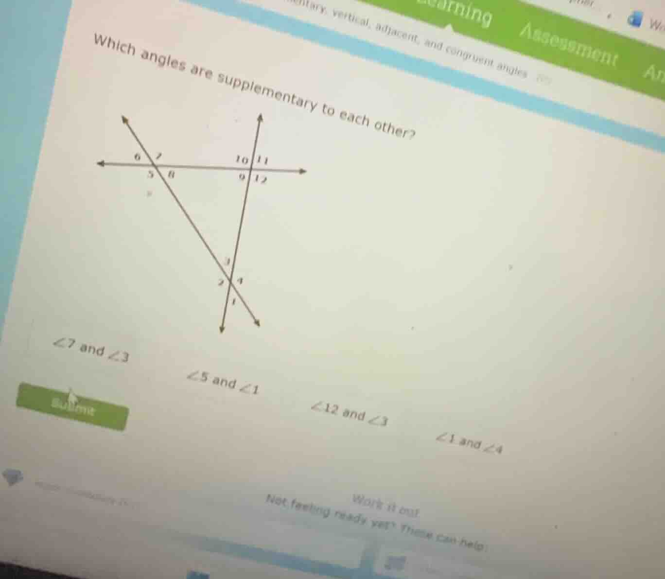 which angles are supplementary to each other? \\(\\angle 7\\) and \\(\\…