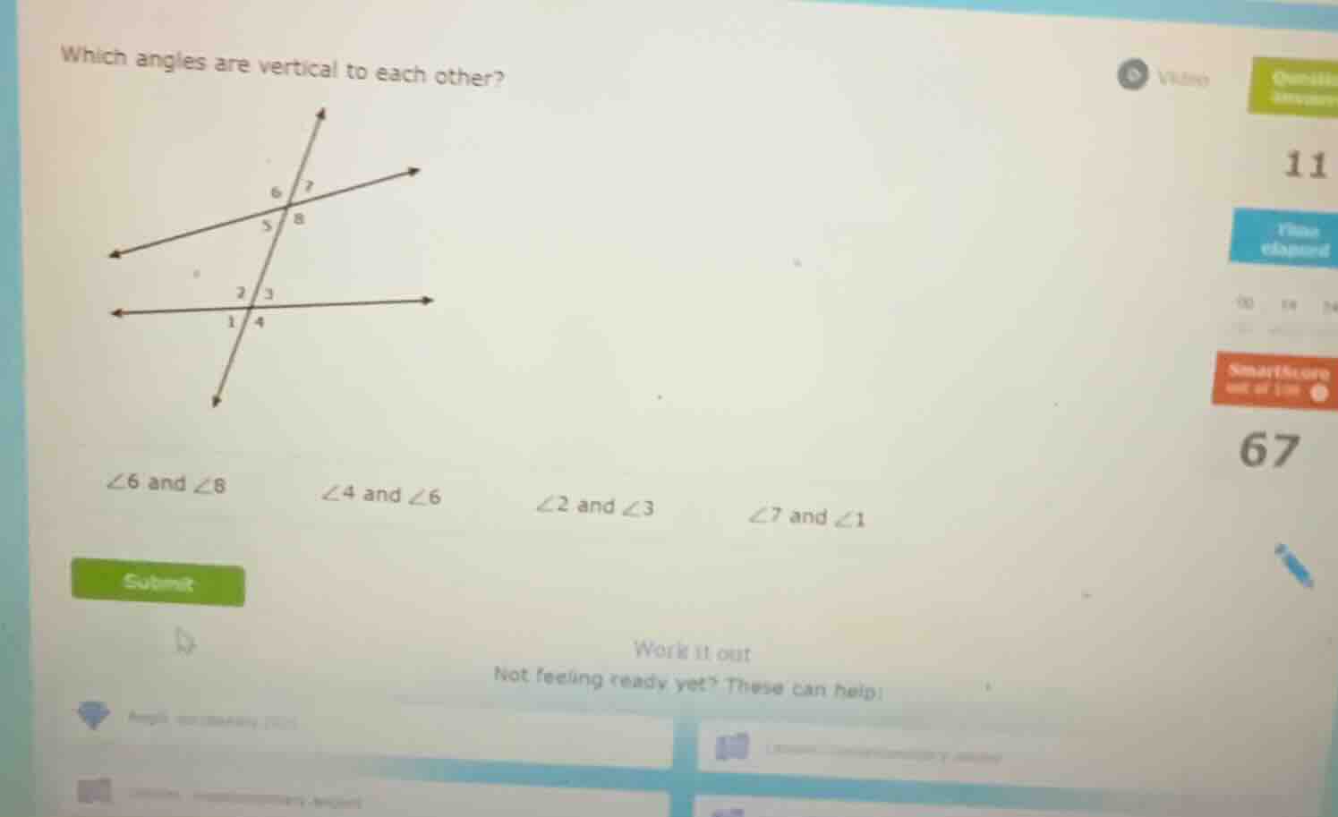 which angles are vertical to each other? \\(\\angle 6\\) and \\(\\angle…