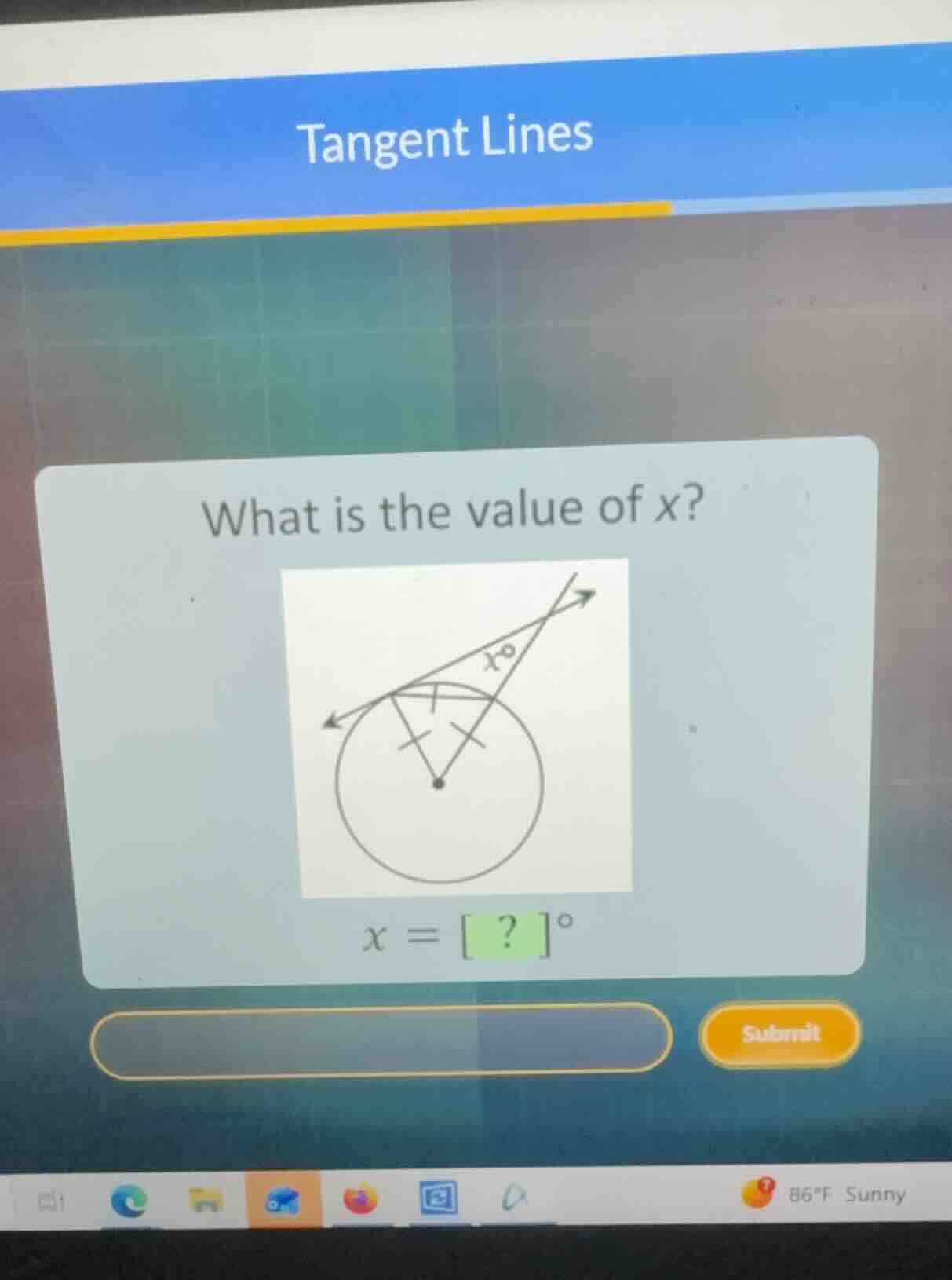 tangent lines what is the value of \\(x\\)? \\(x = \\quad^{\\circ}\\)