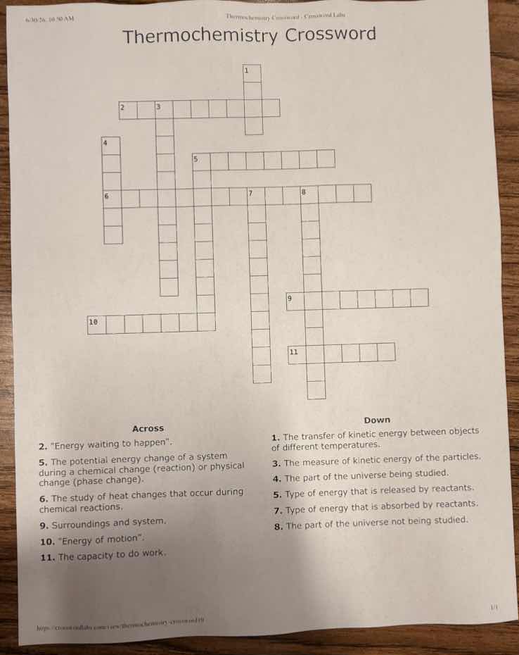 thermochemistry crossword across 2. \energy waiting to happen\. 5. the …