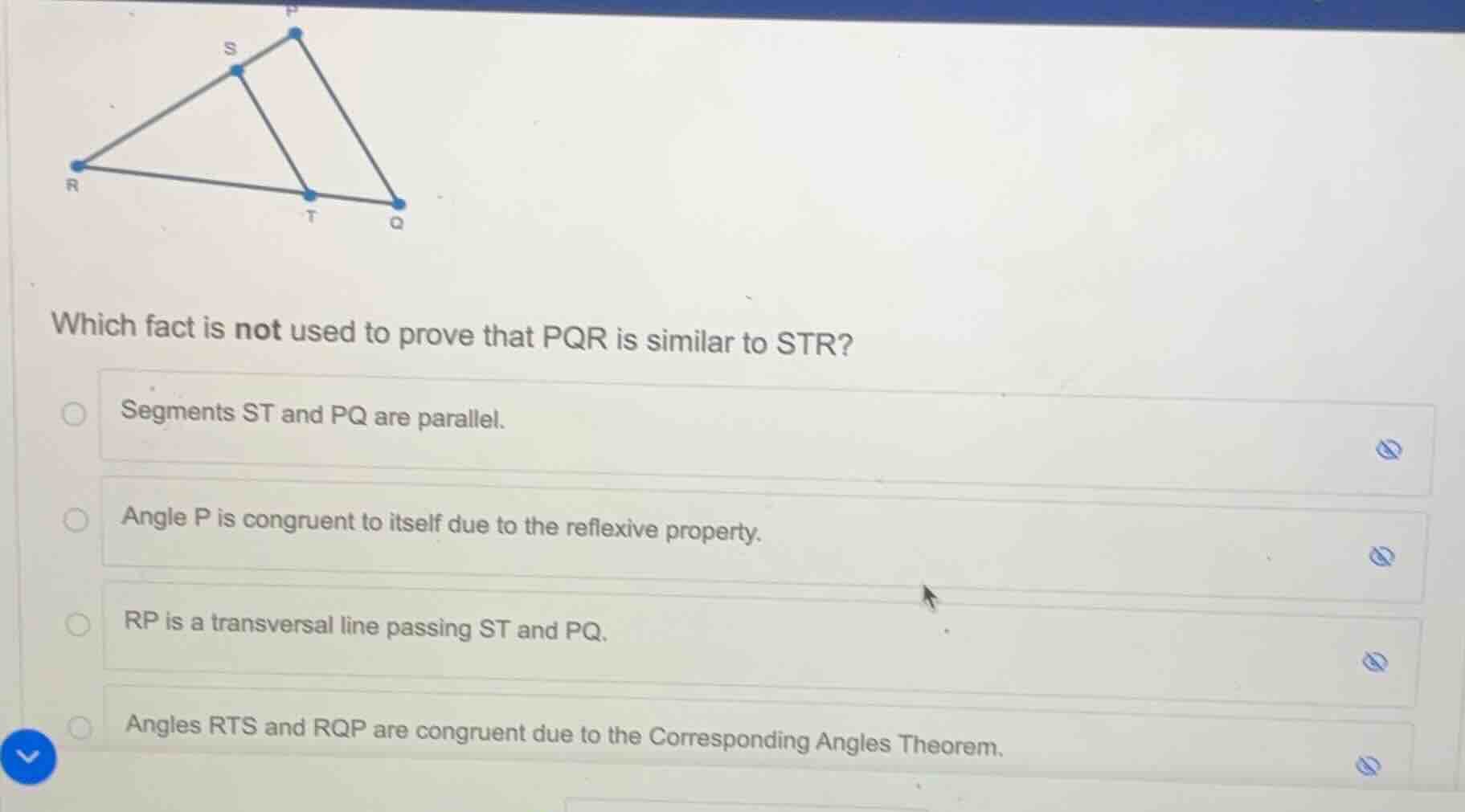 which fact is not used to prove that pqr is similar to str? segments st…