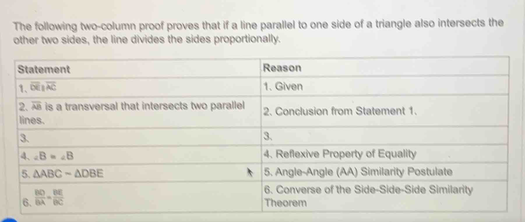 the following two-column proof proves that if a line parallel to one si…