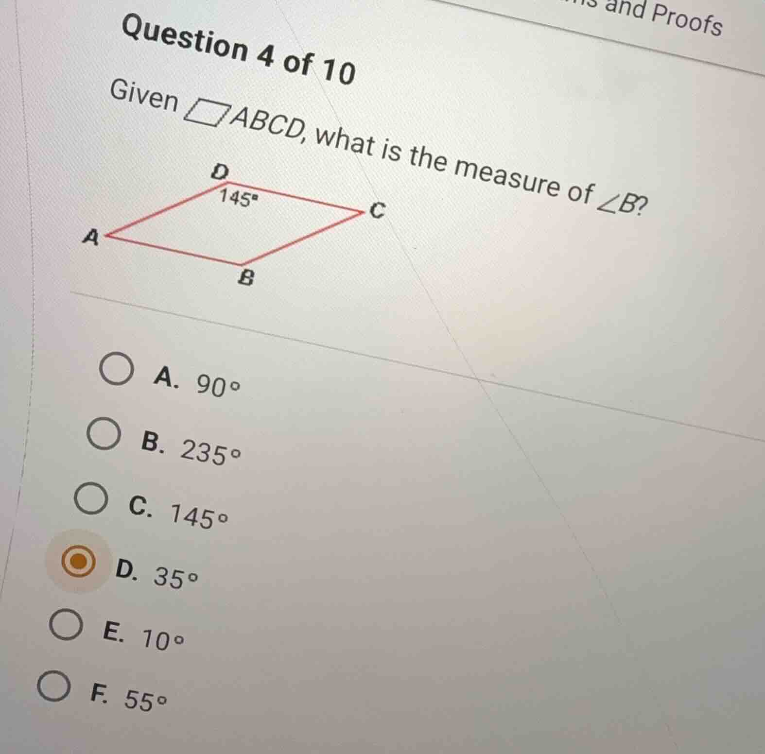 question 4 of 10 given \\square abcd, what is the measure of \\angle b?…