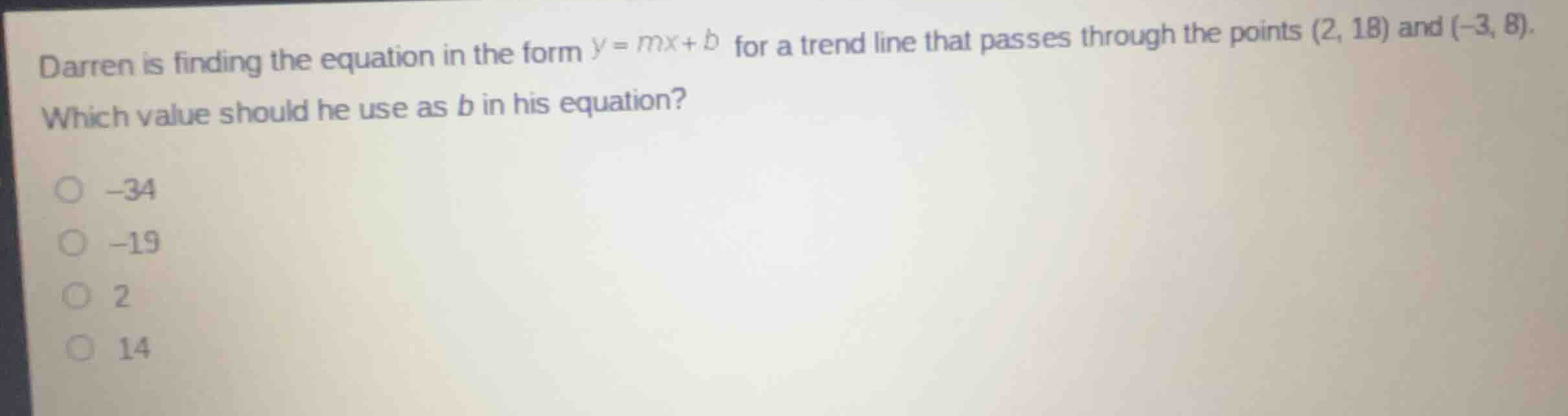 darren is finding the equation in the form \\(y = mx + b\\) for a trend…