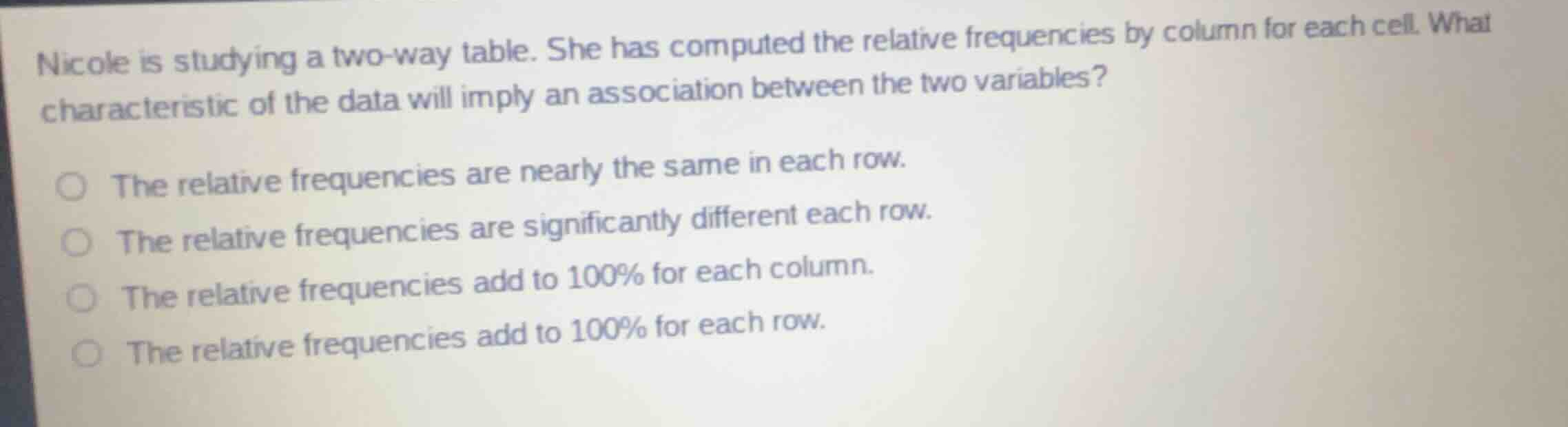 nicole is studying a two-way table. she has computed the relative frequ…
