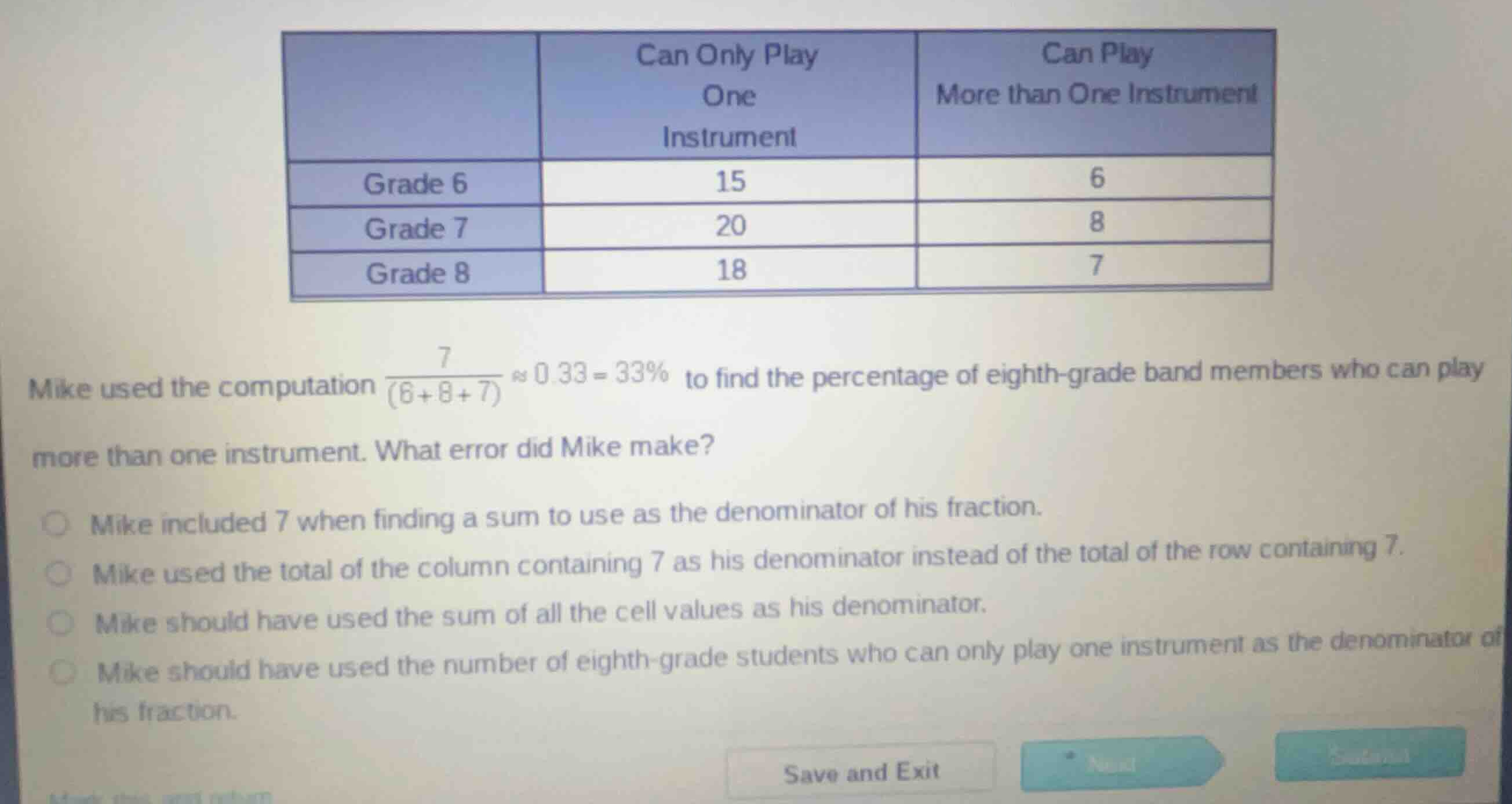 mike used the computation \\(\\frac{7}{(6+8+7)} \\approx 0.33 = 33\\%\\…