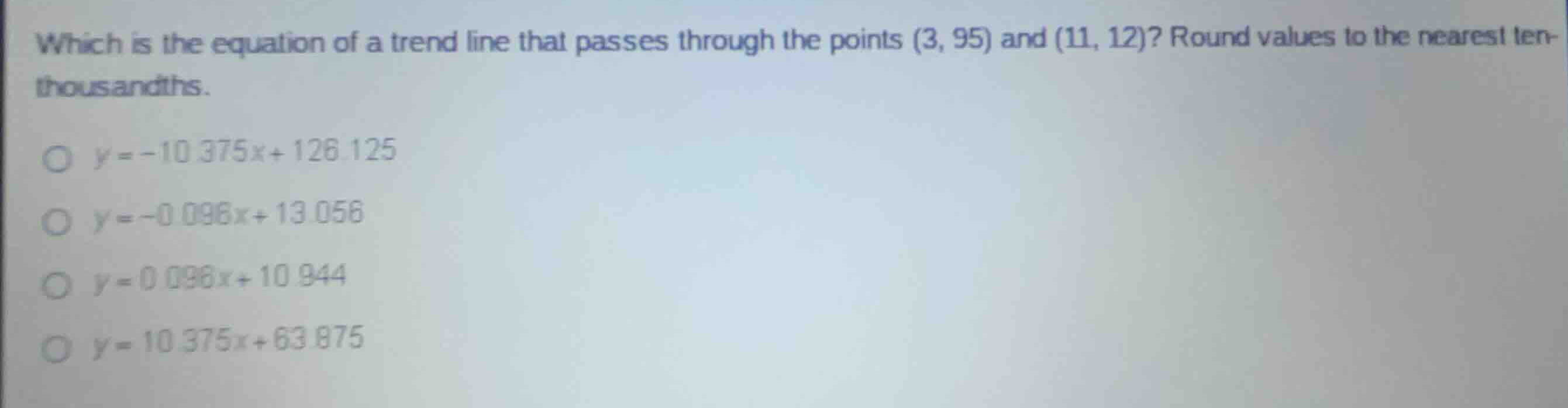 which is the equation of a trend line that passes through the points \\…