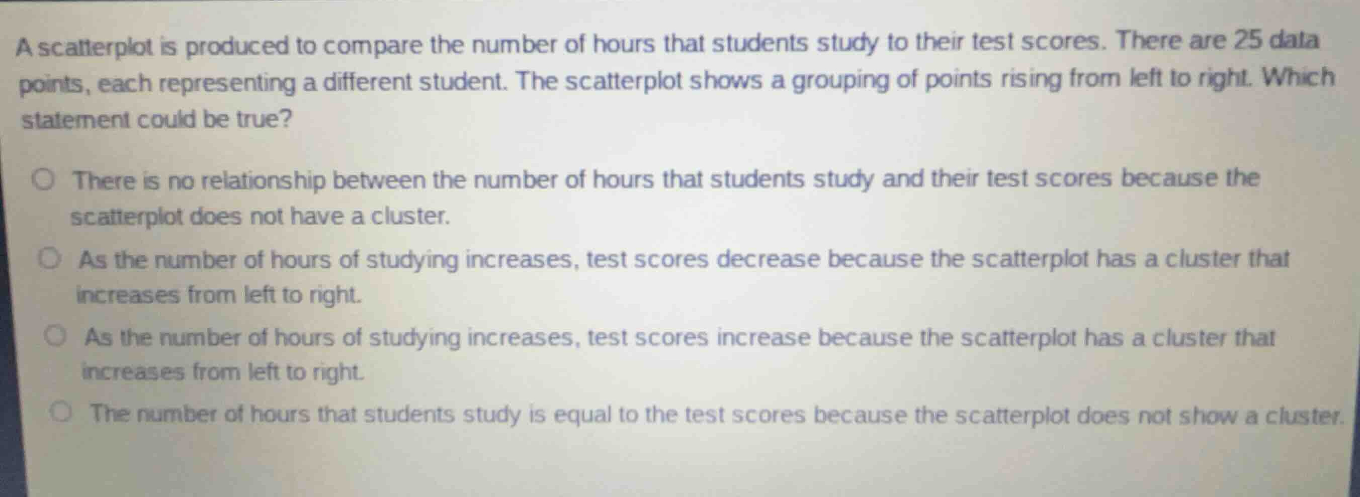 a scatterplot is produced to compare the number of hours that students …