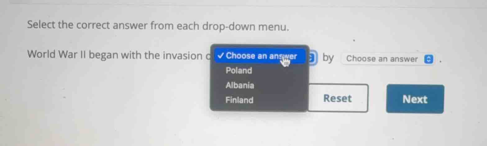 select the correct answer from each drop-down menu. world war ii began …