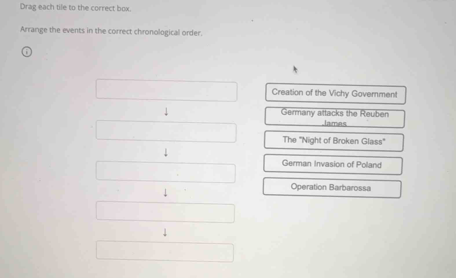 drag each tile to the correct box. arrange the events in the correct ch…