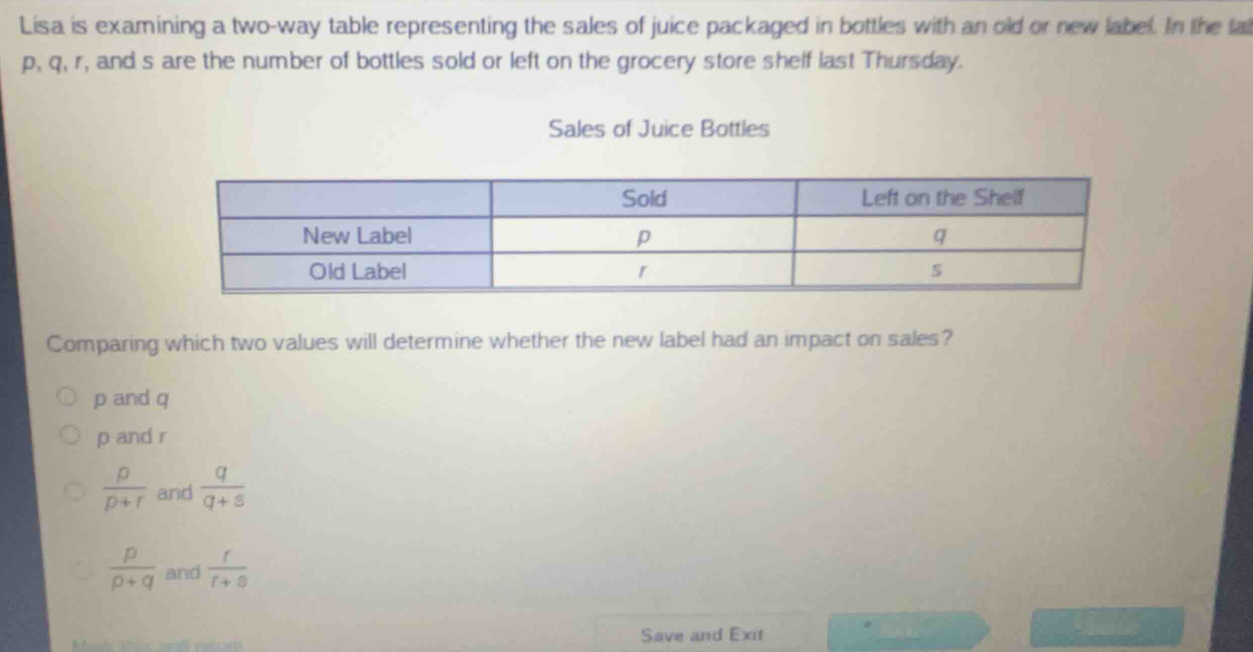 lisa is examining a two-way table representing the sales of juice packa…