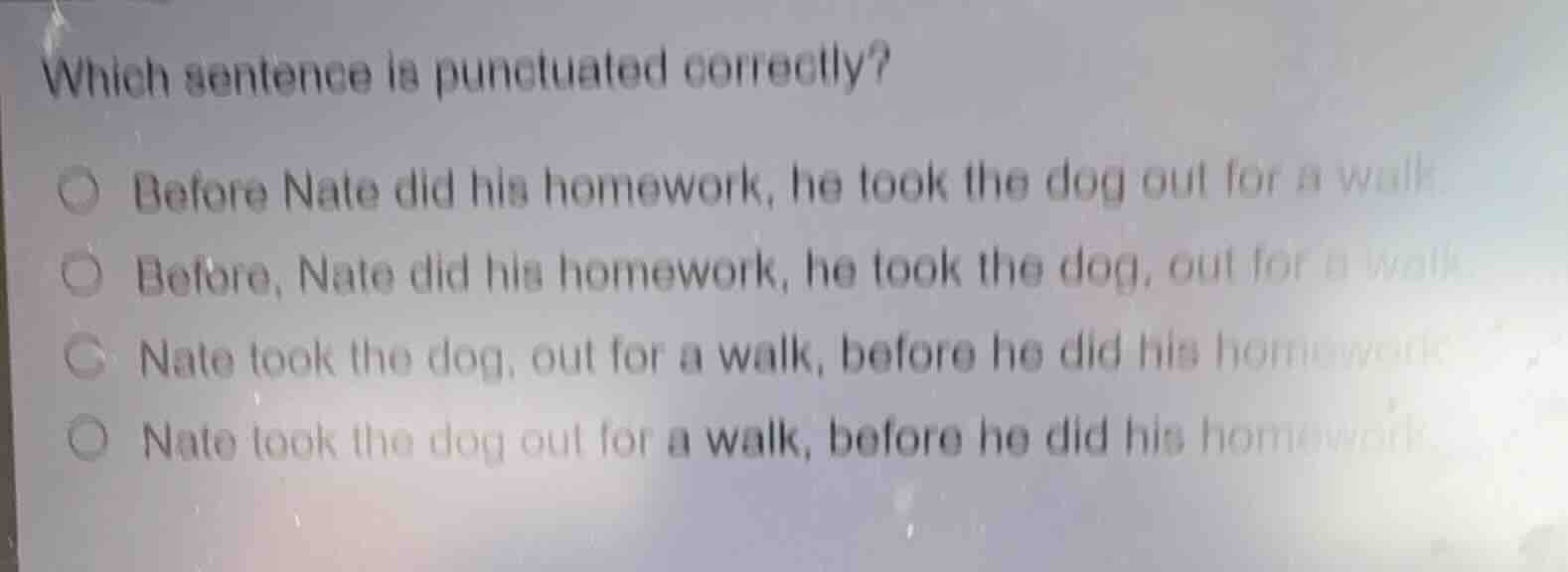 which sentence is punctuated correctly? before nate did his homework, h…