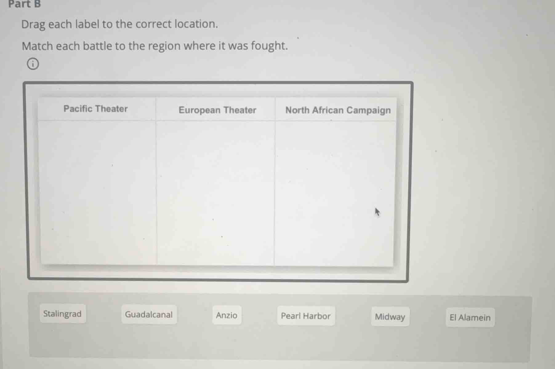 part b drag each label to the correct location. match each battle to th…