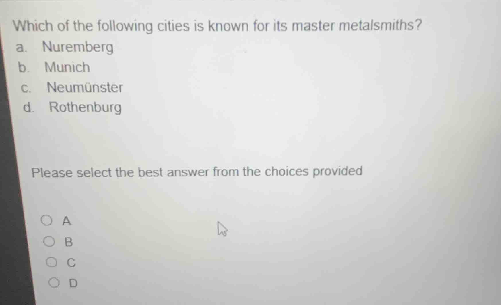 which of the following cities is known for its master metalsmiths? a. n…