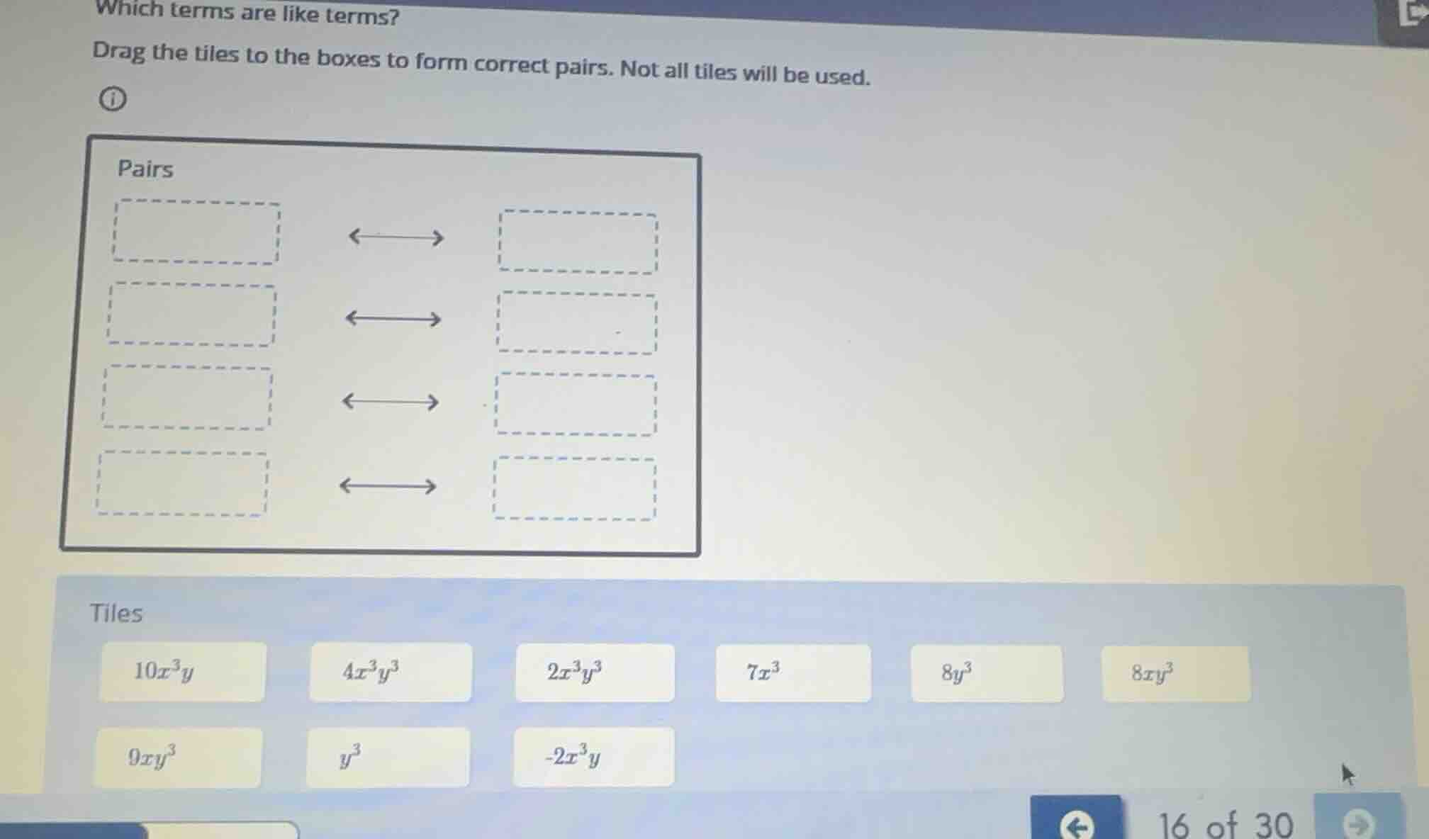which terms are like terms? drag the tiles to the boxes to form correct…