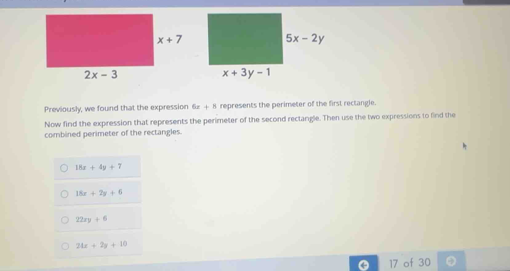 previously, we found that the expression (6x + 8) represents the perime…