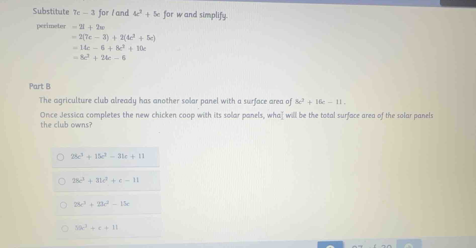 substitute \\(7c - 3\\) for \\(l\\) and \\(4c^2 + 5c\\) for \\(w\\) and…
