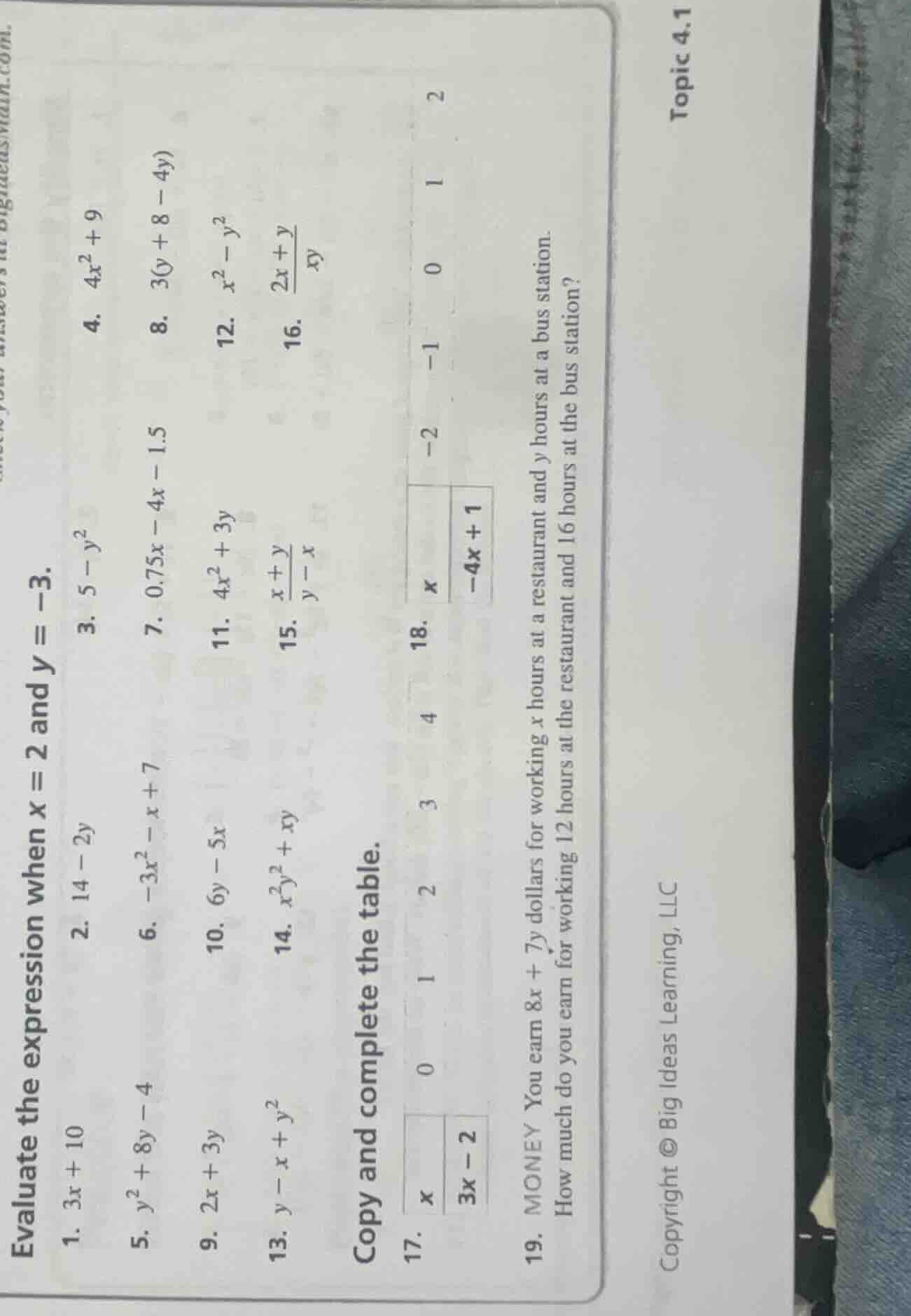 evaluate the expression when \\(x = 2\\) and \\(y = -3\\). 1. \\(3x + 1…