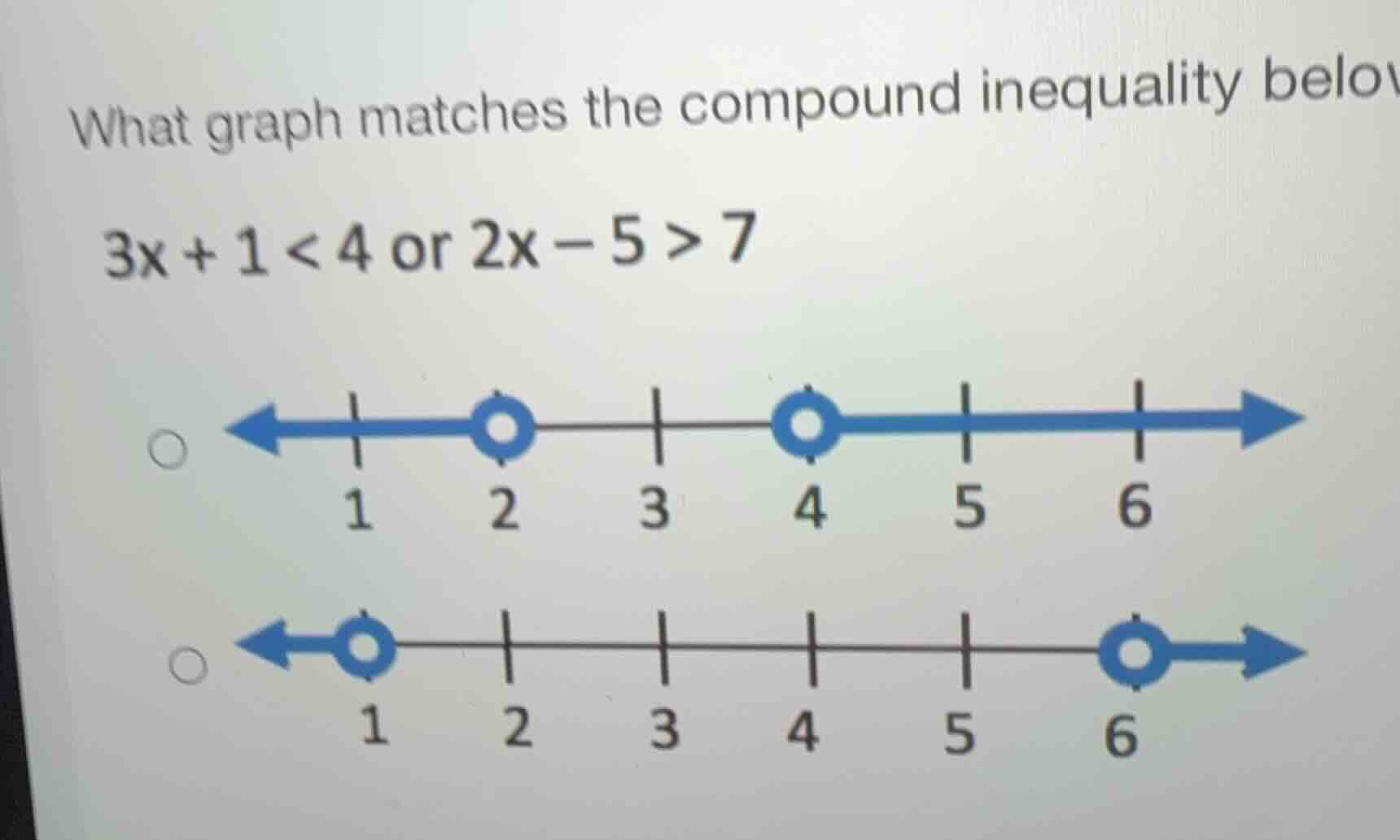 what graph matches the compound inequality below? (3x + 1 < 4) or (2x -…