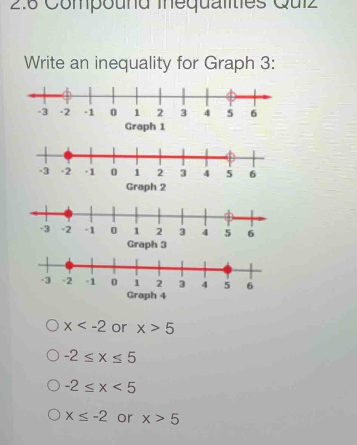 2.6 compound inequalities quiz write an inequality for graph 3: graph 1…